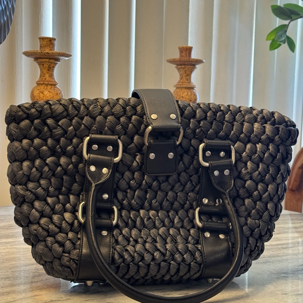 The Limited Black Braided Tote with Leather Handles
